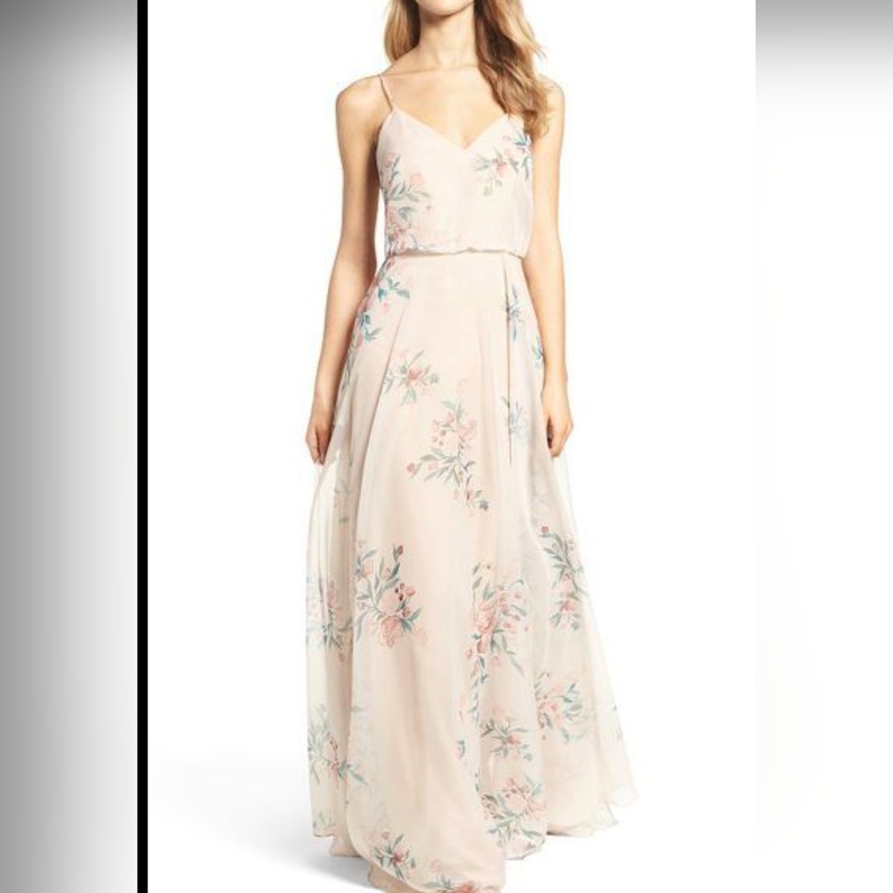 Jenny Yoo Cream and Pink Floral Maxi Dress